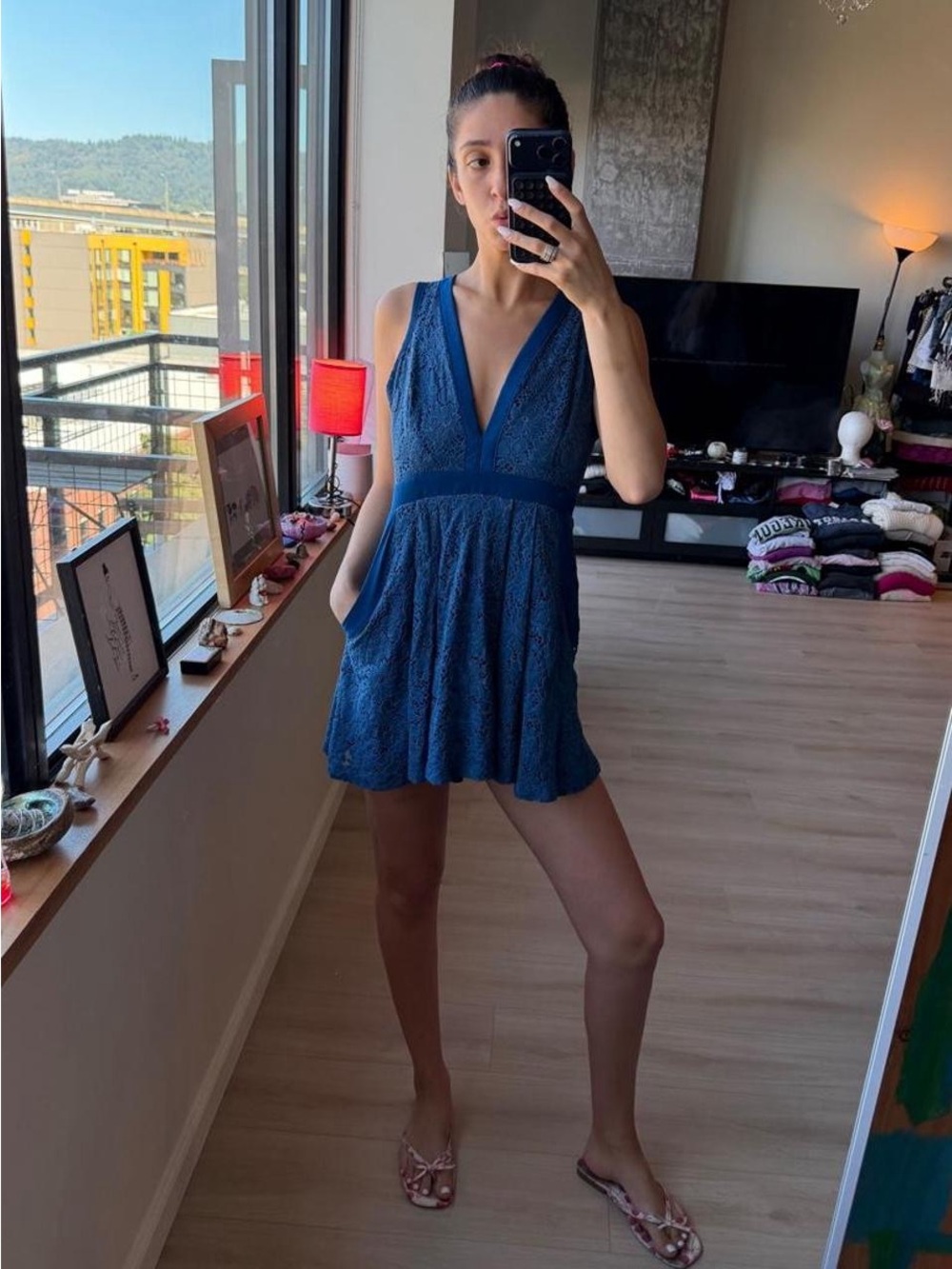 Free People Navy Blue Lace V-Neck Mini Dress